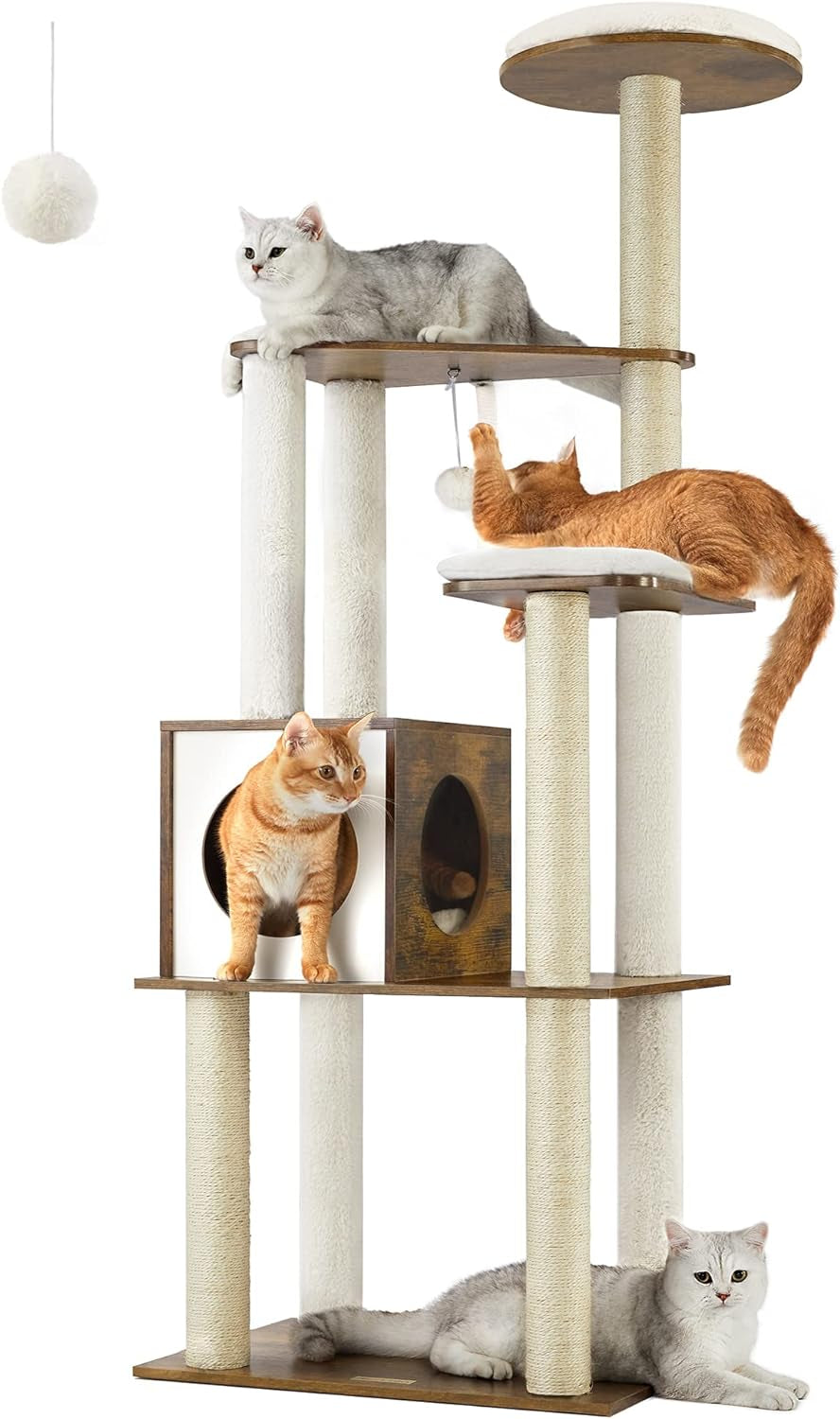 Professional title: " Woodywonders 65-Inch Modern Cat Tower for Indoor Cats, Multi-Level Cat Condo with Scratching Posts, Perch, and Washable Removable Cushions - Rustic Brown"