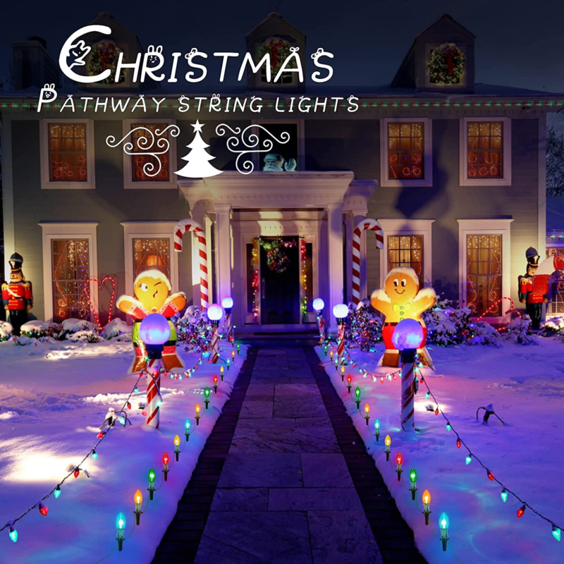 25.7 Feet C9 Christmas Pathway Lights with 20 Multicolored Bulbs and 20 Stakes W