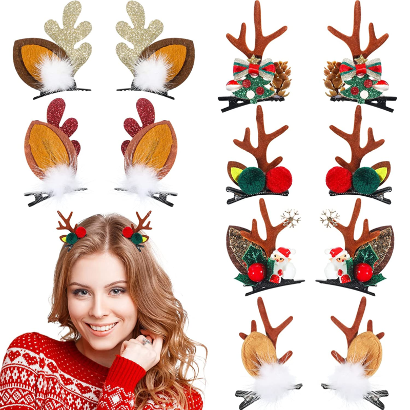 6 Pairs Christmas Reindeer Antlers Headband Hairpins Christmas Santa Hair Clips