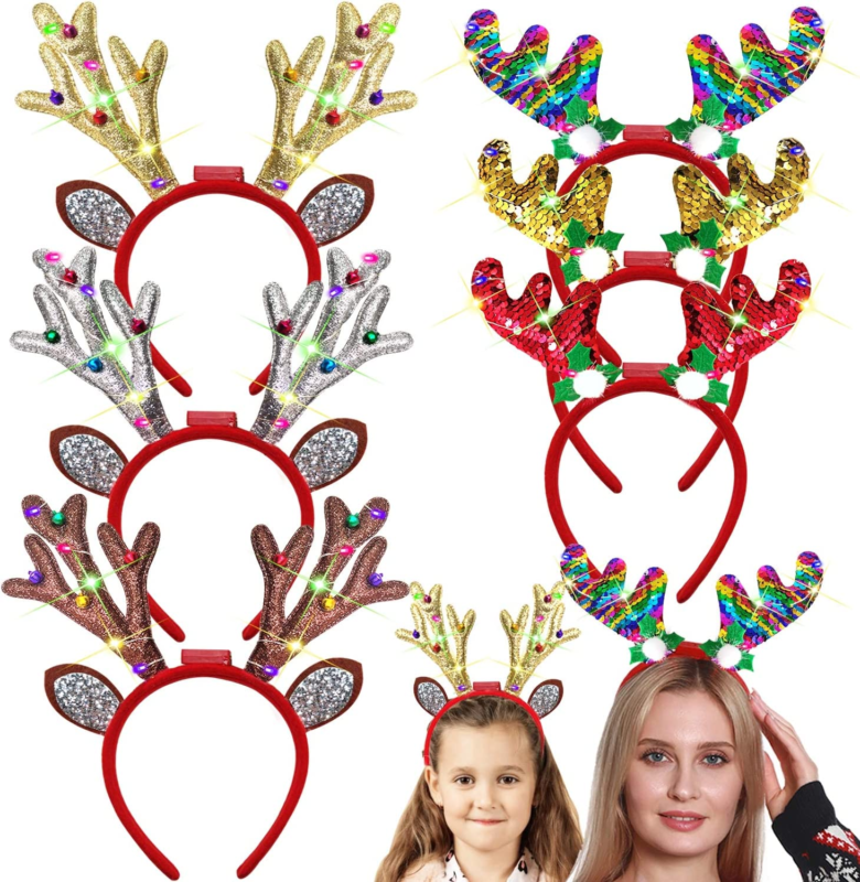 6 Pack LED Christmas Headband Sequin Glitter Antlers Ears Colorful Bells Lights