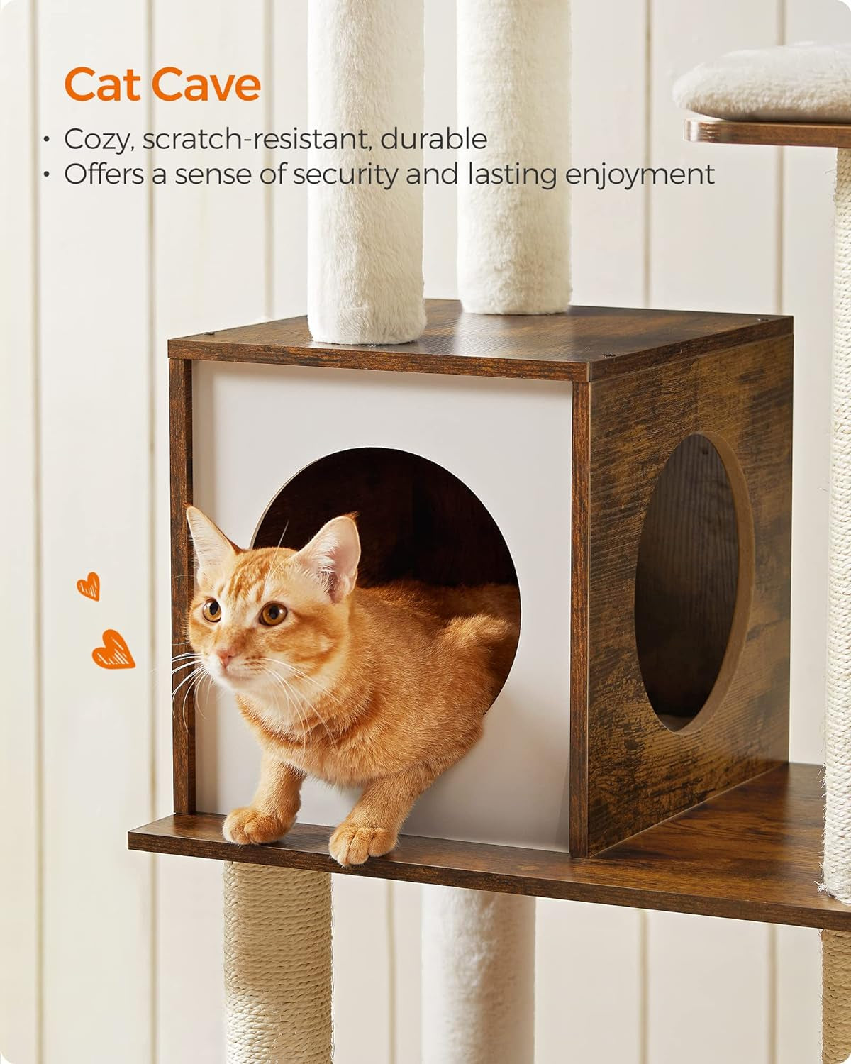 Professional title: " Woodywonders 65-Inch Modern Cat Tower for Indoor Cats, Multi-Level Cat Condo with Scratching Posts, Perch, and Washable Removable Cushions - Rustic Brown"