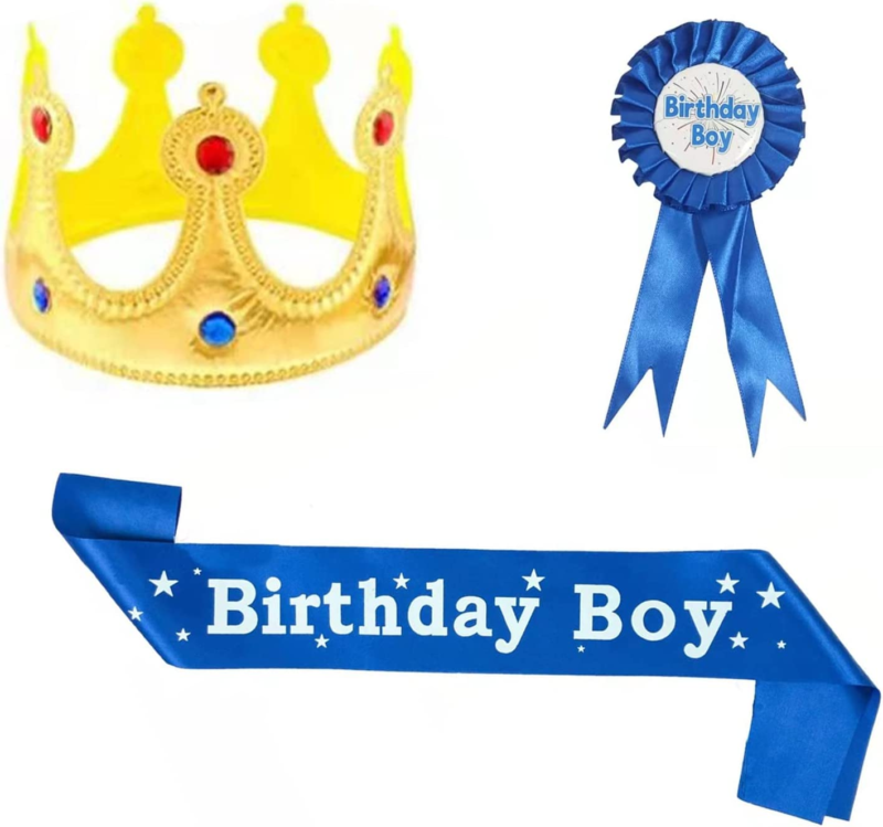 3Pieces Birthday King Crown, Birthday Boy Sash and Button Pins Birthday Boy Part