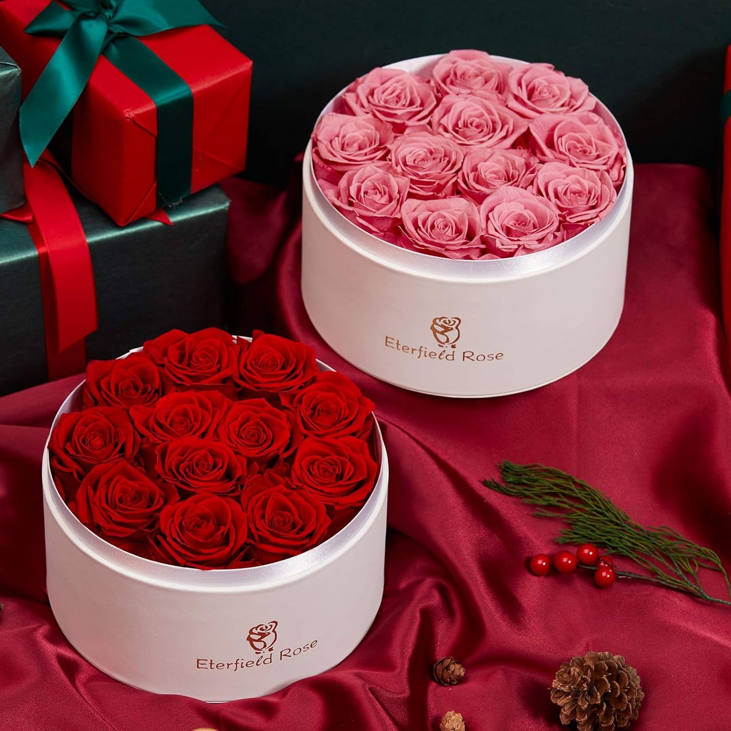 12 Preserved Rose in a Box Real Roses That Last a Year Preserved Flowers for Delivery Prime Gift for Her Valentines Day Mother Day (Red Roses, round White PU Leather Box)