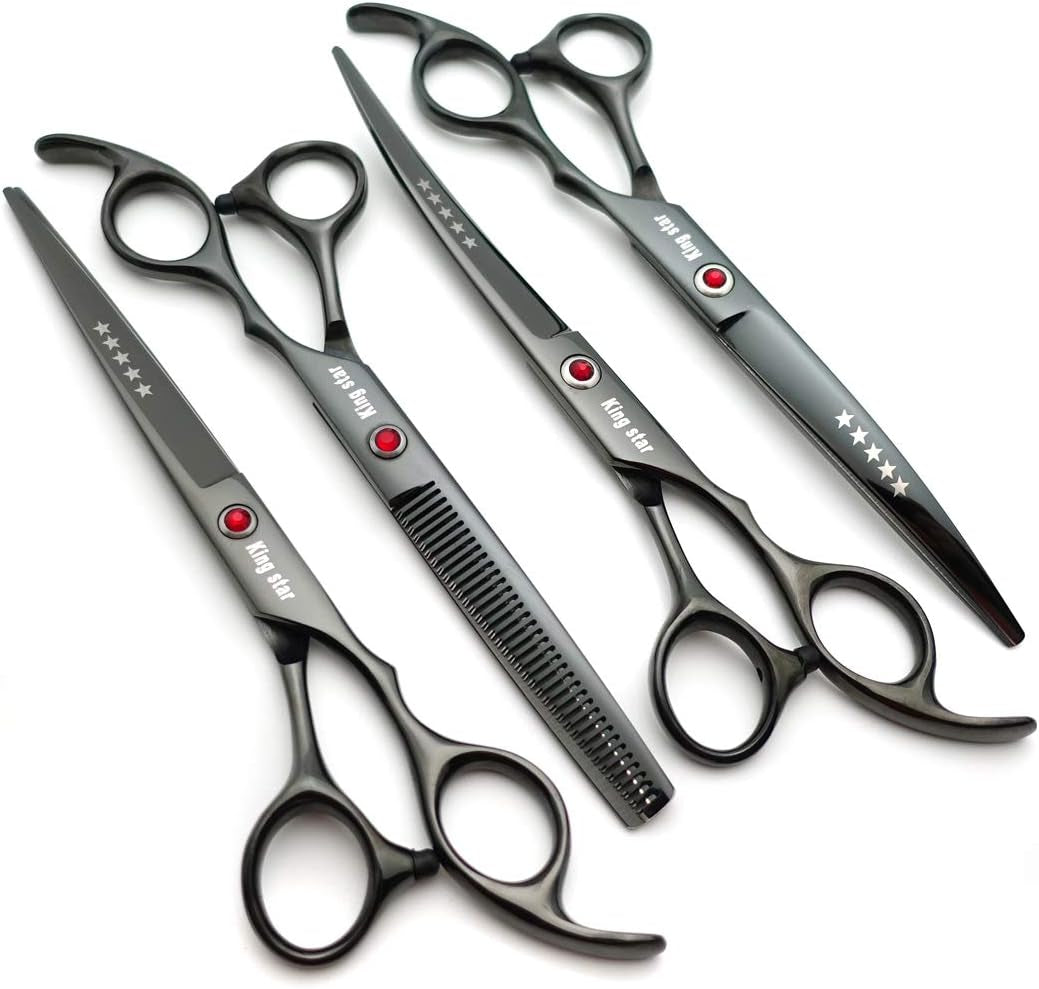7.0In Titanium Professional Dog Grooming Scissors Set,Straight & Thinning & Curved Scissors 4Pcs Set for Dog Grooming (Bright Black)