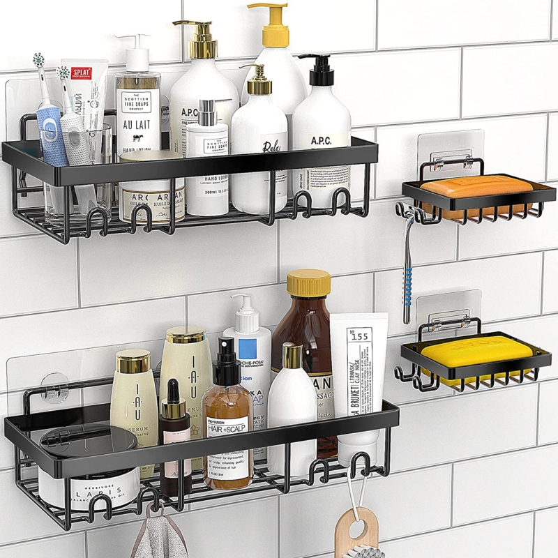 4-Pack Shower Caddy Shelf Organizer Rack with Soap Dish Holder, Self Adhesive Bl