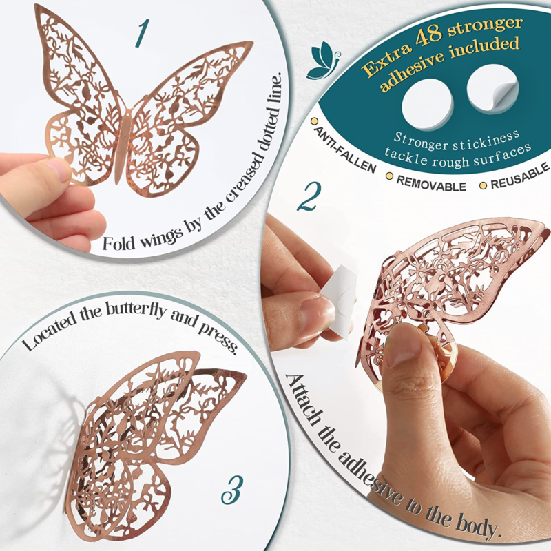 48 Pcs Rose Gold Butterfly Wall Decor, 3 Sizes Butterfly Decorations, 3D Butterf