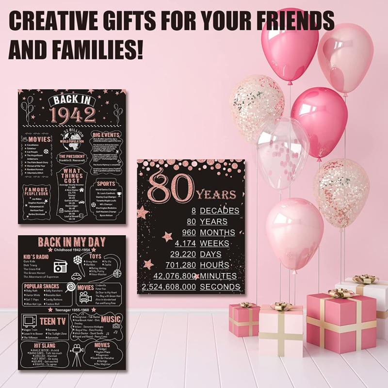 80Th Birthday Decorations for Women Her, 3 Pieces 80Th Birthday Anniversary Post