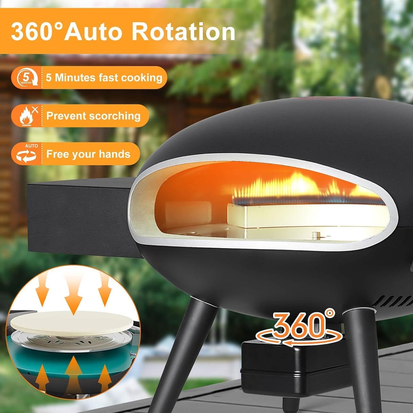 Gas Pizza Oven for Outside, Everything Bundle, Autorotation System. Electric Ignition, Black