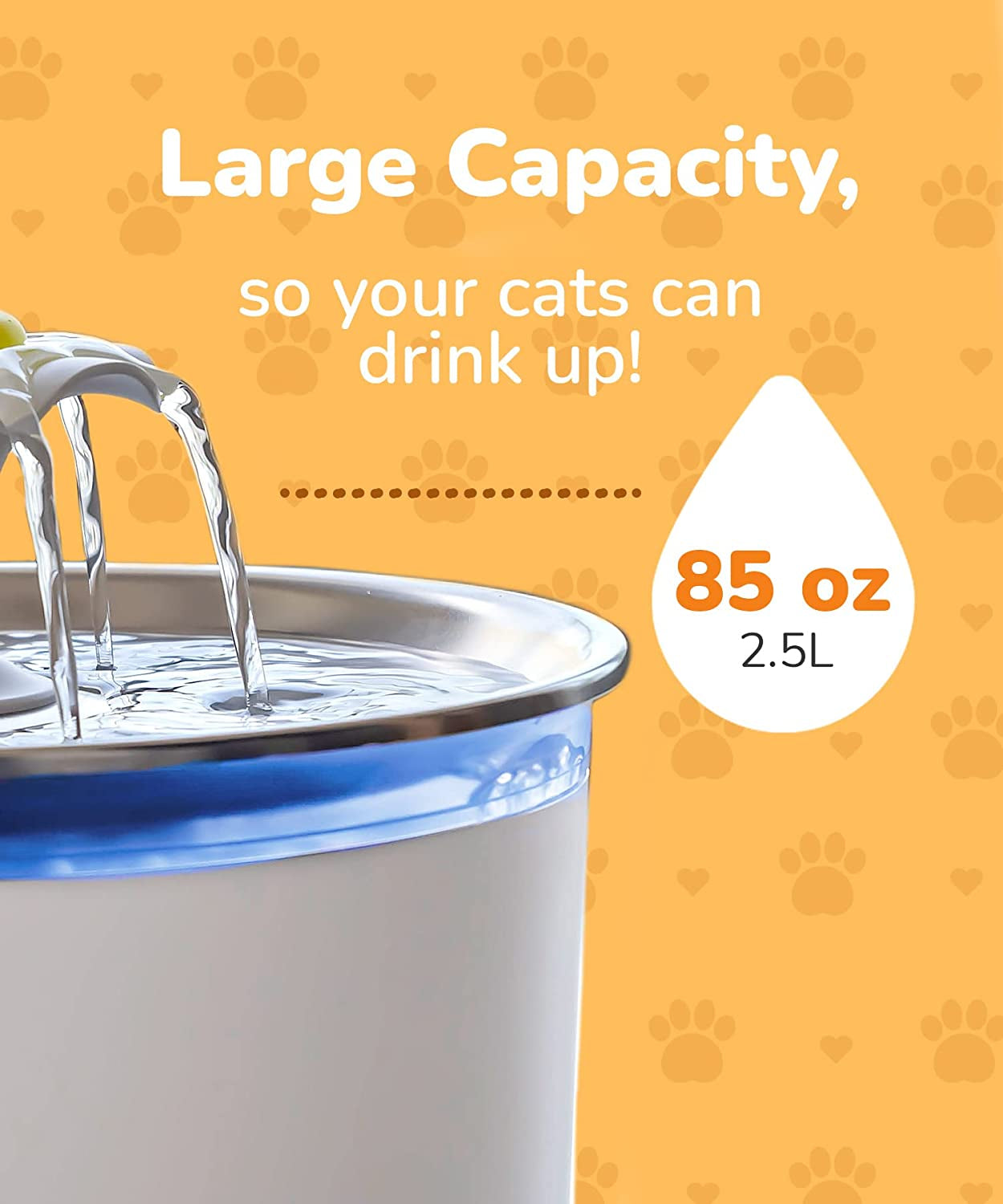 Cat Water Fountain, 85Oz/2.5L Pet Water Fountain Indoor, Automatic Dog Water Dispenser with Switchable LED Lights, 2 Replacement Filters for Cats, Dogs, Pets（Stainless Steel）