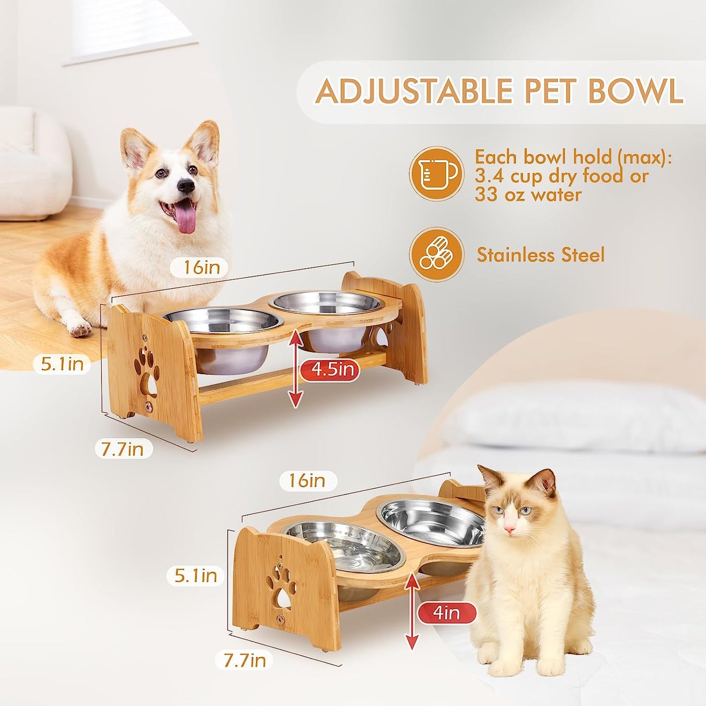 Elevated Dog Bowls for Cats and Dogs, Adjustable Bamboo Raised Dog Bowls for Small Dog, Food and Water Set Stand Feeder with 2 Stainless Steel Bowls and anti Slip Feet (Height 4" to 4.5")