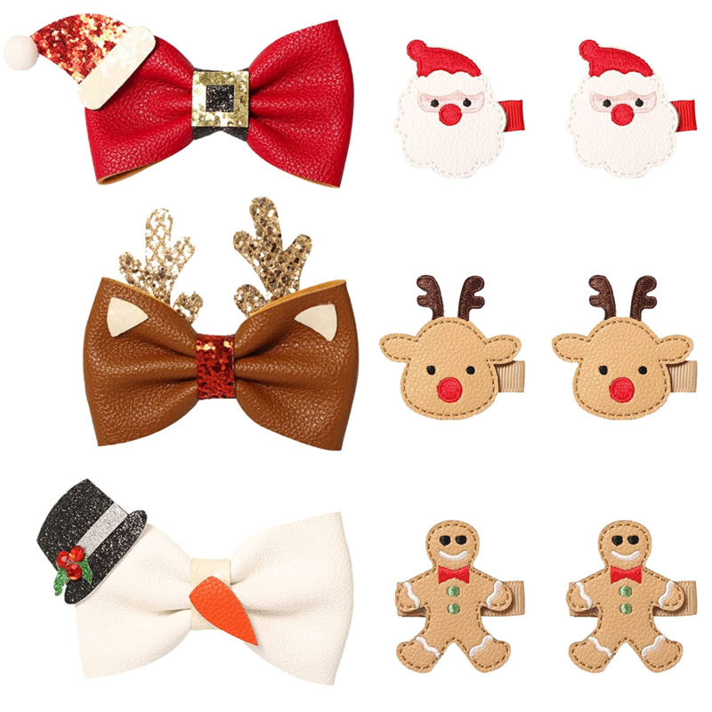 9Pcs Christmas Clips Kit 3Pcs Large PU Bow Hair Pins 6Pcs Small Santa Gingerbrea