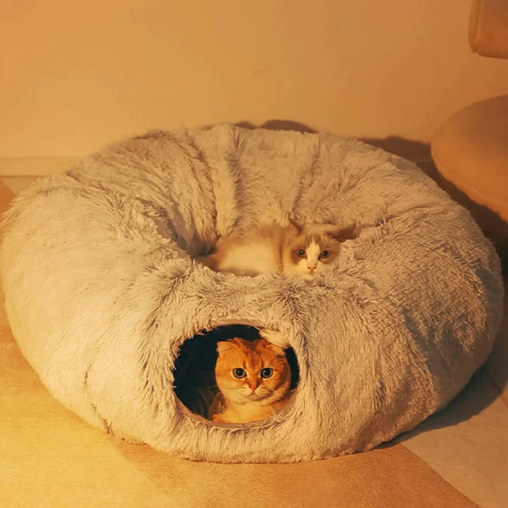 Large Cat Tunnel Bed with Fluffy Cave Tube, Removable Cushion ( for Cats, Dogs, Rabbits, and Ferrets)