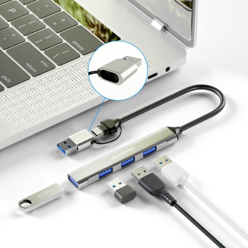 4 USB Hub – Built in USB a Port & USB C to USB Adapter Multiple USB Port for PC,
