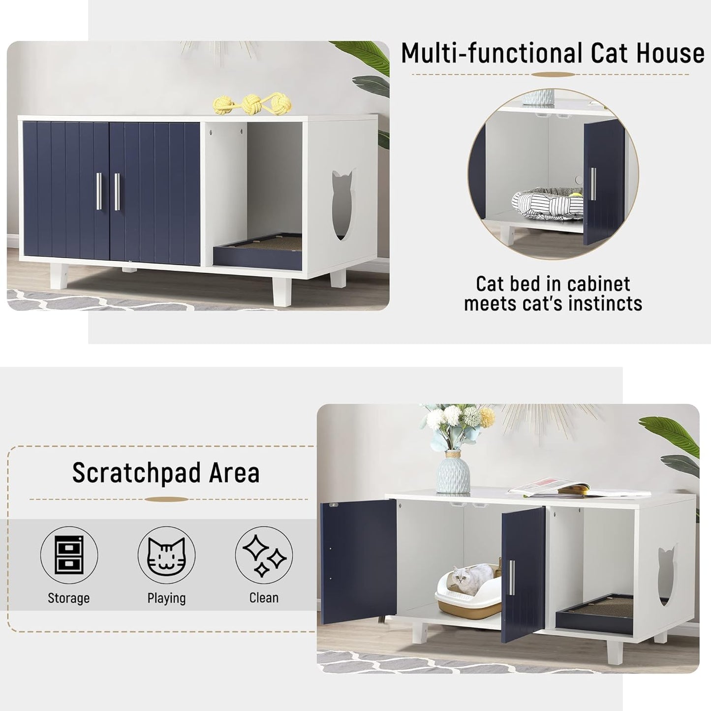 Cat Litter Box Enclosure Hidden Cat Washroom Furniture Bench with Cat Scratch Pad, Wooden Decorative Cat House End Table Nightstand, Hide Odor& Pet Poop,White Blue