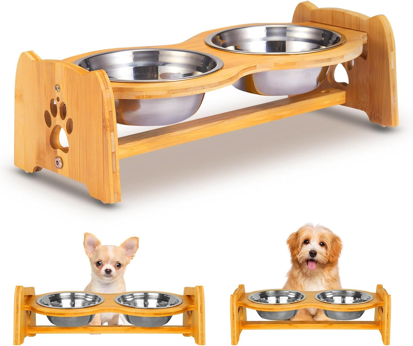 Elevated Dog Bowls for Cats and Dogs, Adjustable Bamboo Raised Dog Bowls for Small Dog, Food and Water Set Stand Feeder with 2 Stainless Steel Bowls and anti Slip Feet (Height 4" to 4.5")