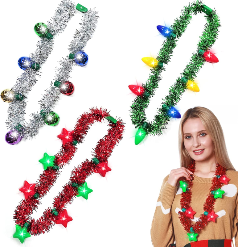 3 Pack Light up Tinsel Garland Necklaces Colorful Bulb Stars LED Necklaces Chris