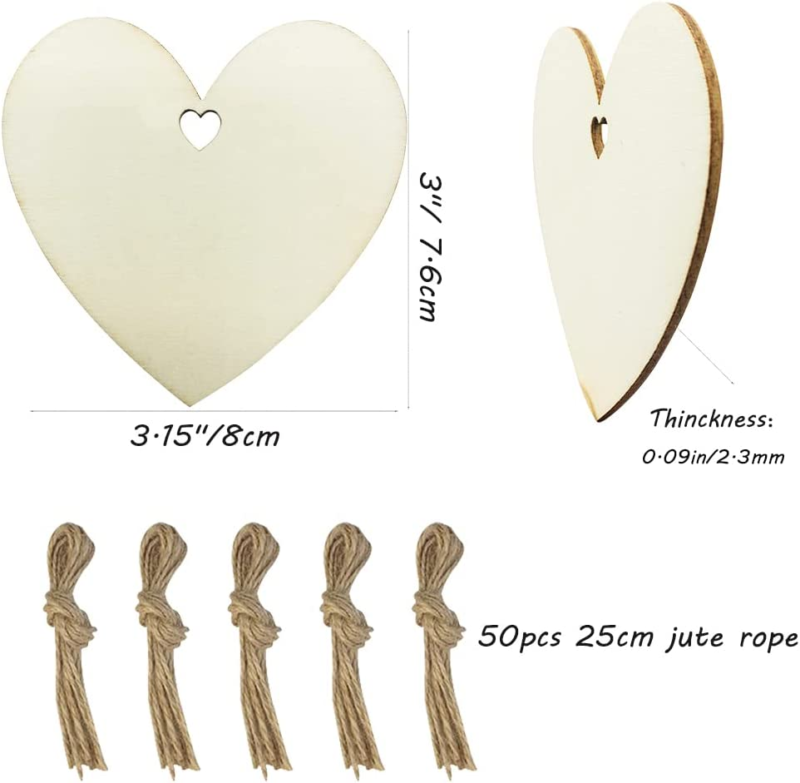 50Pcs 3.15 Inch Natural Wood Heart Slices for Crafts DIY Unfinished Predrilled W