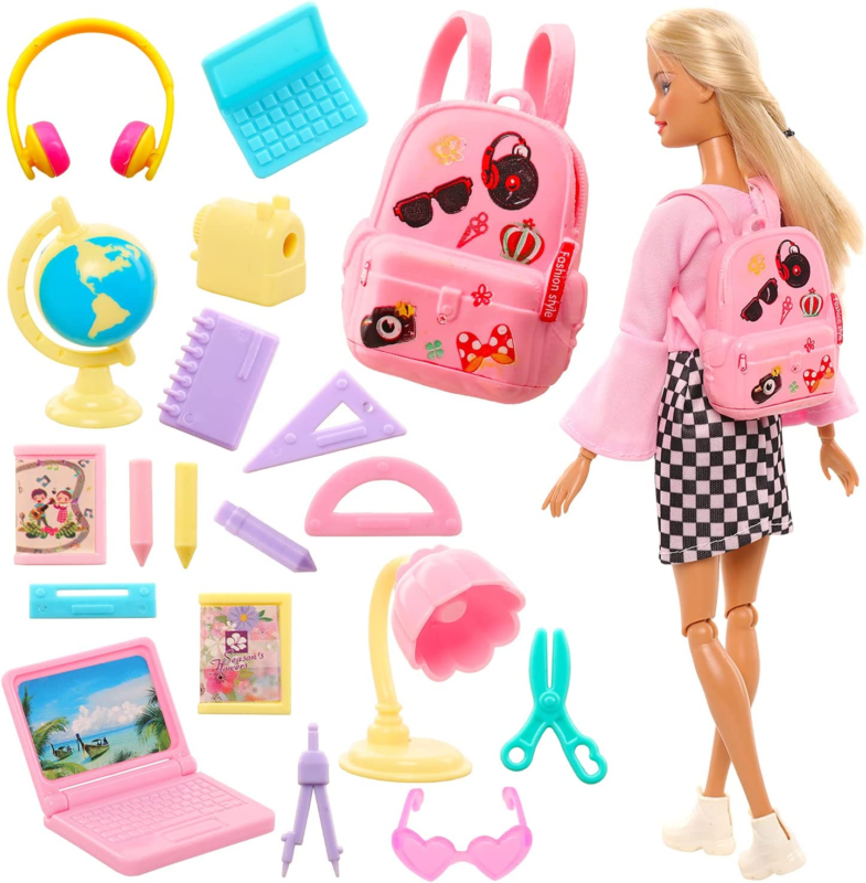 19 Pcs Girl Doll School Accessories Mini Doll Backpack Mini Desk Lamp Laptop Min