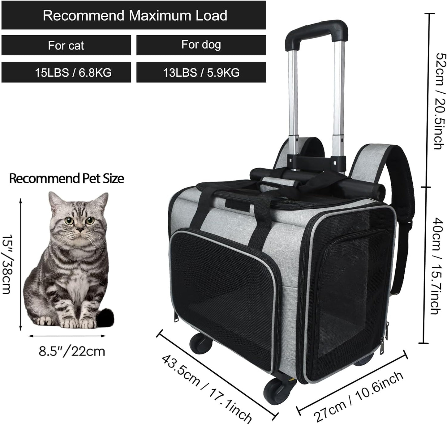 Airline Approved Expandable Pet Carrier Backpack with Wheels(Large Space), Rolling Backpack with Durable Handle and Flexible Wheels,Breathable Durable Mesh Panels(Most Airplane Approved)