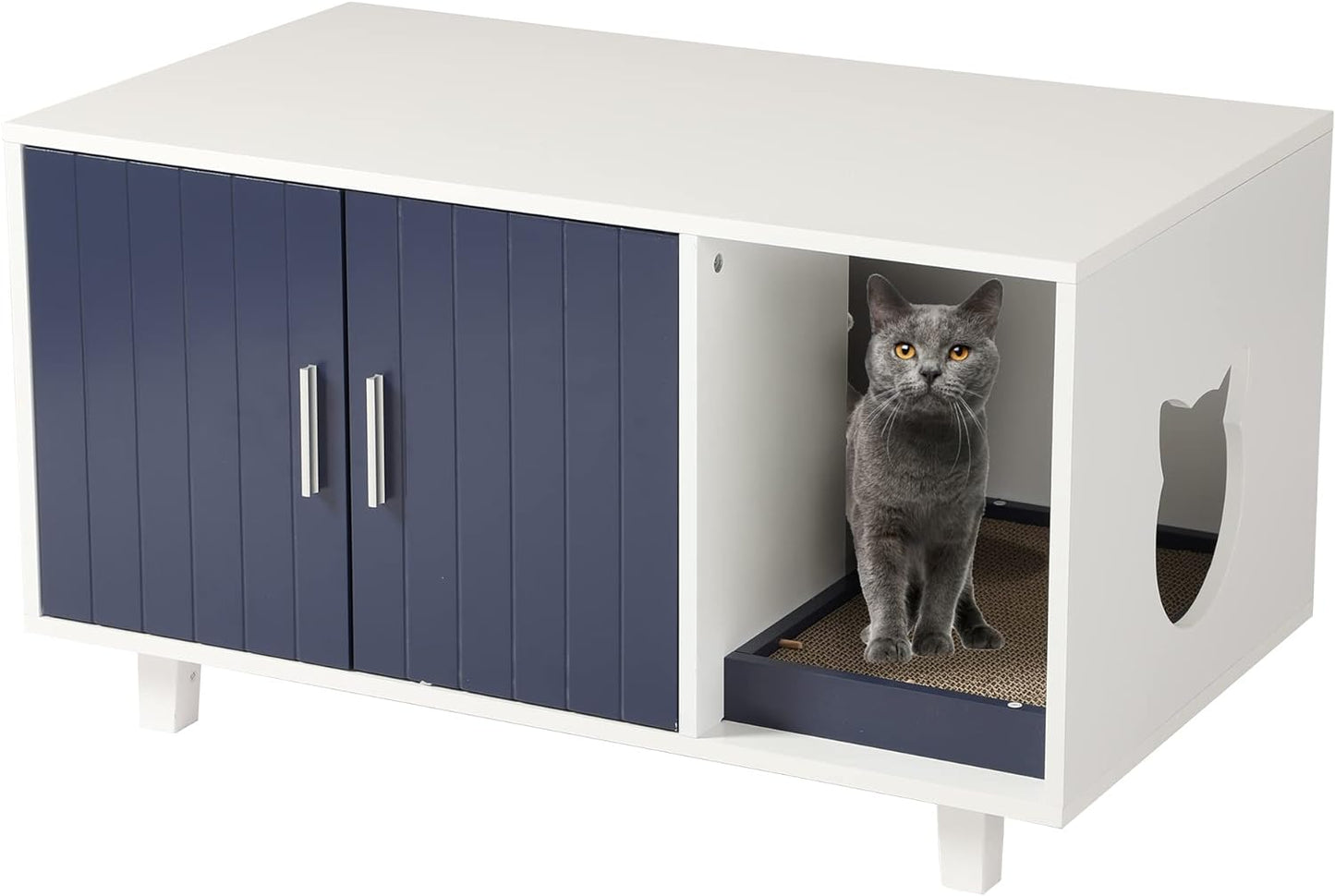 Cat Litter Box Enclosure Hidden Cat Washroom Furniture Bench with Cat Scratch Pad, Wooden Decorative Cat House End Table Nightstand, Hide Odor& Pet Poop,White Blue