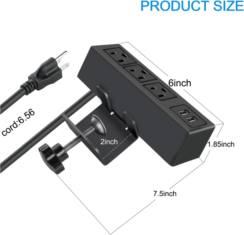 3 Outlet Desk Clamp Power Strip with USB Ports, Desktop Power Strip Surge Protec