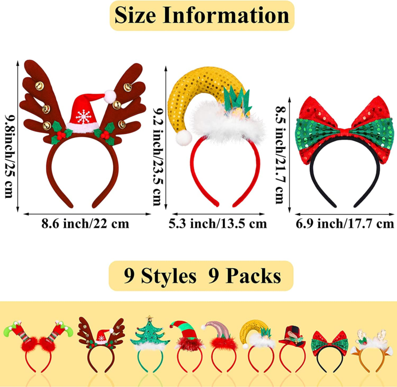 9 Pieces Christmas Headbands Xmas Headwear Elf Hat Reindeer Antler Christmas Bow